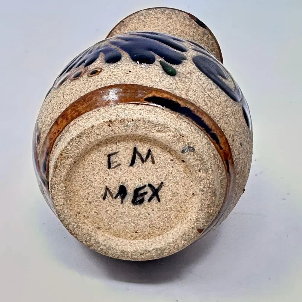 Vintage Tonala Mexican Pottery Vase Signed EM Mex Hand Painted Folk Art 4.75x3